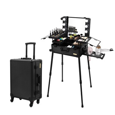 Aluminum Trolley Makeup Train Case with LED Lights Professional Cosmetic Organizer Studio with Speaker, Wheels and Stands Rolling Lighted Makeup Vanity Station for Travel (Black)