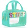 Chenille Letter Travel Makeup Bag, Preppy Patch Nylon Clear Cosmetic Tote with Handle and Zipper, Waterproof Large Snack &amp; Stuff Bag Toiletry Storage Pouch for Women Girls (Green-Stuff)