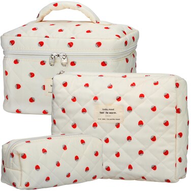 Quilted Makeup Bag Set - 3 PCS Cute Floral Cotton Makeup Bag, Large Coquette Aesthetic Make up Cosmetic Bag, Flower Travel Toiletry Organizer Bags for Women Girls