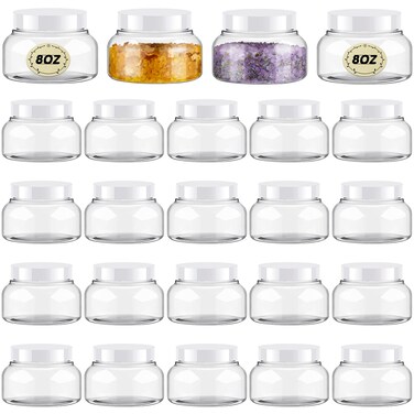 Tessco 24 Pack Plastic Jars with Lids Labels Empty Clear Plastic Jars Round Refillable Cosmetic Containers Body Butter Containers Bulk Sugar Scrub Bottle for Make Up(8 oz,White)