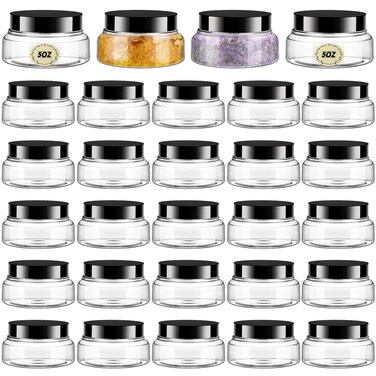 Tessco 24 Pack Plastic Jars with Lids Labels Empty Clear Plastic Jars Round Refillable Cosmetic Containers Body Butter Containers Bulk Sugar Scrub Bottle for Make Up(5 oz,Clear, Black)