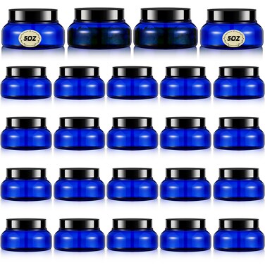 Tessco 24 Pack Plastic Jars with Lids Labels Empty Clear Plastic Jars Round Refillable Cosmetic Containers Body Butter Containers Bulk Sugar Scrub Bottle for Make Up(5 oz,Translucent Blue and Black)