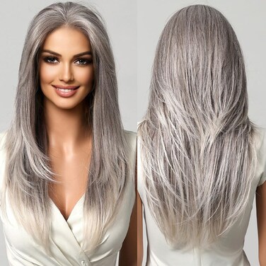 testar 13&times;6 HD Lace Front Wig Gray Wigs for Women 22 Inch Long Straight Silver Wig Natural Layered Hair Glueless Wig Synthetic Silver Lace Front Wigs Middle Part Halloween/Party/Daily Use (Hand Tied)