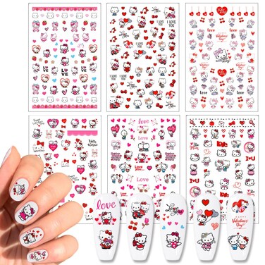 Valentines Nail Stickers 3D Nail Art Stickers Self Adhesive Heart Love Nail Decals Cute Romantic Heart Love Nail Design Stickers for Women Girls Kids DIY Manicure 6 Sheets Cute Nail Stickers