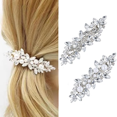 2PCS Rhinestone Hair Clips Crystal French Barrette Silver Hair Clips Vintage Bridal Wedding Pearl French Hair Pins Hair Accessories for Women Girls Bride Bridesmaid