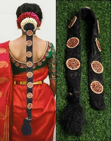 THANU'S CRAFT Bridal False Hair Choti Poola Jada Billalu Hair Ornaments Set Full Moon Shape Temple jewellery Ready Jada Billalu Bharatanatyam Kuchipudi Classical Dance Jewelry for women