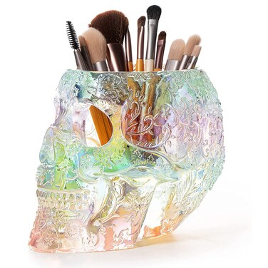 Skull Makeup Brush Holder, Pen Holder, Vanity, Desk, Office Organizer, Stationary, Decor Planter, Candy Bowl, Goth Decorations, Extra Large, Skulls Gothic Skull &amp; Bones Organizer Bathroom (iridescent)