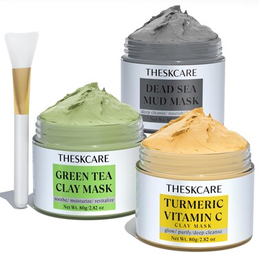 3 PCS Clay Mask Set, Turmeric Vitamin C Clay Mask, Dead Sea Mud Mask, Green Tea Clay Mask, Facial Mask for Oil Control, Deep Cleaning, and Radiant Skin, 240g, 2.82 OZ each