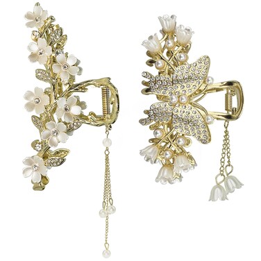 2 PACK Pearl Flower Butterfly Tassel Hair Claw Clips, Crystal Flower Claw Clips for Women, Gold Hair Clip Large Claw Clips for Thick Hair, Metal Claw Clips, Big Hair Claw Hair Accessories.
