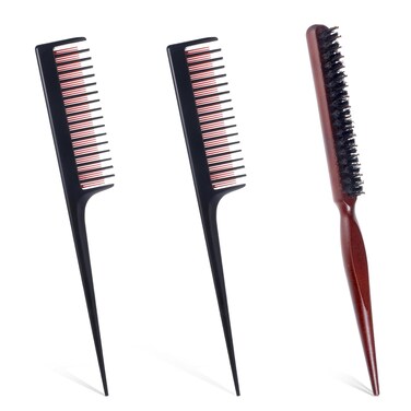 TIESOME 3 PCS Professional Teasing Comb, 2 Triple Teasing Comb Rat Tail Combs and 1 Boar Bristle Brushes Comb for Women Men Hair Styling Back Comb for Backcombing Volume Slick Styling