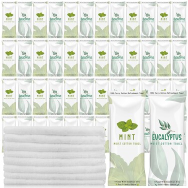 50 Pcs Moist Towelettes Individually Wrapped Scented Disposable Face Towels Essential Oil Infused Moist Terry Cotton Towel for Use Hot or Cold Travel Body Spa (Mint, Eucalyptus Leaves)