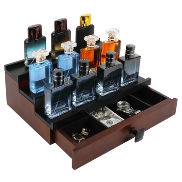 Cologne Organizer for Men, 3 Tier Wooden Cologne Stand, Perfume Organizer Display with Drawer and Hidden Compartment, Gift for Men