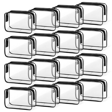TISRATOK 16 PCS Clear Makeup Bag, Travel Essentials Toiletry Bag, Transparent PVC Cosmetic Organizer Toy-Lego Barbie Storage Pouch for Women Men- Black,Medium