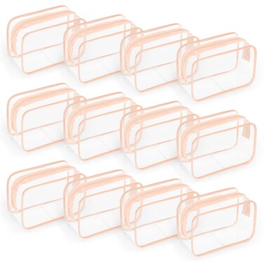 TISRATOK 12 PCS Clear Makeup Bag for Women with Zipper, TSA Approved Toiletry Pouch, Cosmetic Bag Bulk for Travel Organizer Essentials -Orange-pink, Small