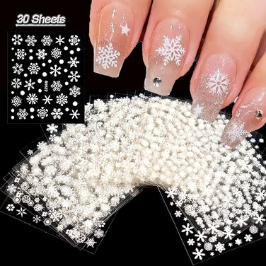 30 Sheets White Snowflake Nail Art Stickers 3D Christmas Nail Decals Snowman Elk Snow Snowflake Winter Nail Art for Nail Art Xmas Nail Sticker White Christmas Nail Art Supplies for Women