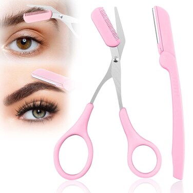 Tokusatsu Eyebrow Trimmer Scissors Razor Set, Brow Scissors with Precision Comb Folding Brow Scraper, Professional Eyebrow &amp; Eyelash Grooming Tools for Women &amp; Men, Pink