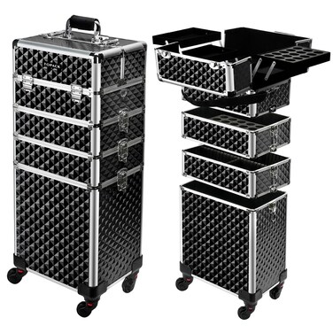 Professional 5-In-1 Rolling Makeup Train Case, Large Makeup Travel Case with Key Shoulder Strap/Handle Cushion I Makeup Train Case Organizer I Cosmetology Case on Wheels I Black