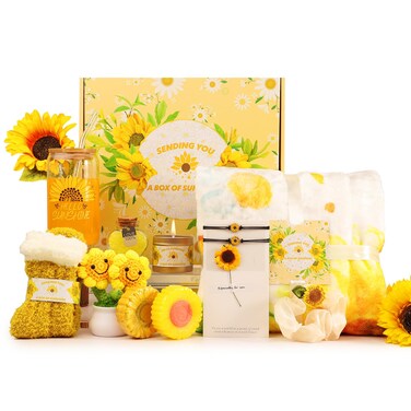 Sunflower Gift for Women, Get Well Soon Care Package, Relaxation Sunshine Gifts with Luxury Blanket, Unique Birthday Basket for Women, Thank You Gifts for Girlfriend, Sister, Mom, Wife