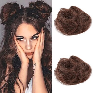 2PCS Mini Claw Clip in Hair Bun Messy Fake Space Hair Bun Clip Cat Ears Hair Bun Extension Synthetic Hair Chignon Donut Wig Accessory Ponytail Updo Hair Pieces for Women Girls (Light Brown)
