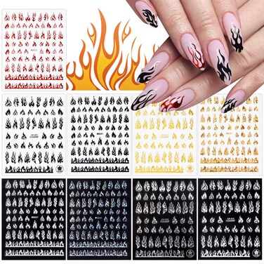 9 Sheets Flame Nail Stickers Decals, TOROKOM 3D Holographic Self-Adhesive Fire Nail Decals White Black Silver Gold Red Flame Nail Art Stickers Nail Art Supplies for Nail Decor