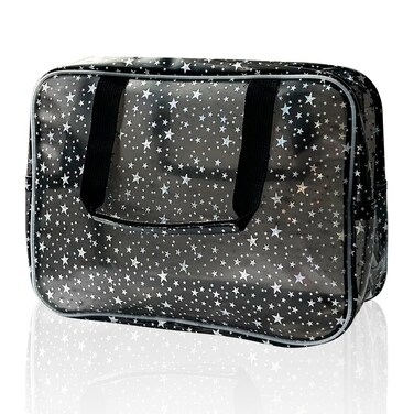 Black Holographic Star Cosmetic Bag for Women 11.8x5.1x8.2 Inches Portable Travel Toiletry Bag with Handles,Durable PVC Material,Zipper Design-Ideal Large Clear Makeup Organizer