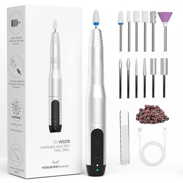 Electric Nail Drill Cordless, TOUCHBeauty Electric Nail File Machine Professional 12 in 1 for Acrylic Gel Nails, Manicure Pedicure Kit for Polishing Rechargeable (Silver)