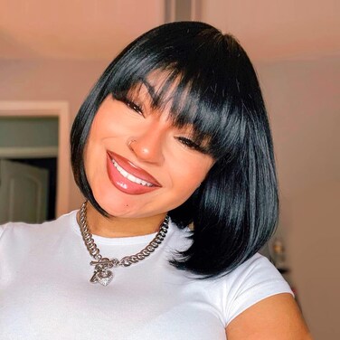 ToyoTress Short Bob Wigs With Bangs - 12 Inch Jet Black Yaki Straight Hair Daily Costume Wig For Black Women, Soft Light Synthetic Hair Replacement Wigs Heat Resistant (12 Inch, #1-612H)
