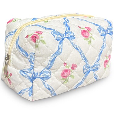 Trnerm Small Makeup Bag Quilted Cosmetic Bag Coquette Makeup Pouch Makeup Organizer Blue Ribbons Small Travel Makeup Bag Travel Toiletry Bag for Women Girls