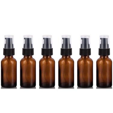 6PCS 30ml/1oz Amber Glass Lotion Pump Bottles Empty Refillable Cosmetic Makeup Travel Size Pump Dispenser Container Jars for Lotion Cream Essential Oils Toiletries