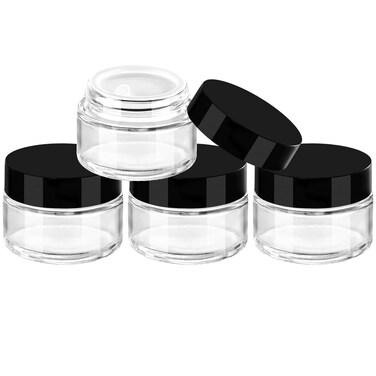 TUZAZO 1 OZ Small Glass Jars with Black Lids, 4 Pack Clear Round Glass Jars with Inner Liners Empty Cosmetic Containers for Creams, Lotions, Body Butters, Powders