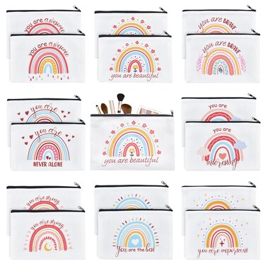 16PCS Rainbow Canvas Cosmetic Bag Bulk Inspirational Quotes Makeup Bags with Zipper Toiletry Bag Encouragement Travel Pouch for Women Girls Teacher Friend Birthday