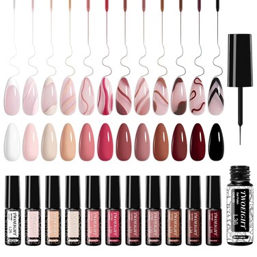 Gel Nail Polish Liner Nail Art 12 Colors 8ml UV Lamp Soak-off Polishes Pigmented Autumn Winter Brown Wine Red Collection Thin Brush in Bottle Manicure DIY at Home Salon