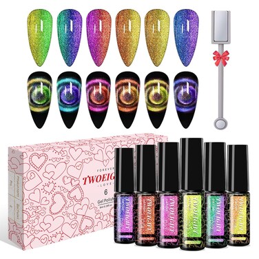 9D Cat Eye Gel Nail Polish, Magnetic Cat Eye Gel Polish Set, 8ml*6 with 1Magnets, Classic Colors Chameleon Magic Galaxy Effect Soak off Nail Art - Sparkle Stunning Gel Polish Gift for Women