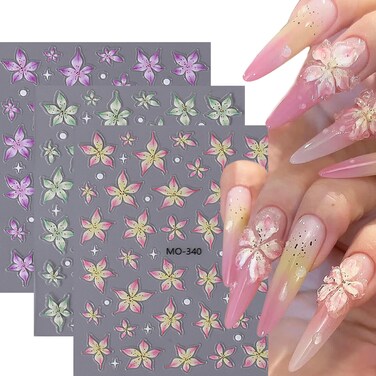 5 Sheets Flowers Nail Art Stickers Decals 5D Embossed Self-Adhesive Lily Flowers Nail Stickers Blue Pink White Green Purple Floral Nail Decals Supplies for Women Girls DIY Nail Tip Decorations