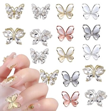 16Pcs Butterfly Nail Charms 3D Shine Butterfly Nail Art Rhinestones for Acrylic Nails Gold Silver Butterflies Nail Gem With Cat Eye Rhinestones Design Nail Jewels for Women Manicure Crafts Decorations