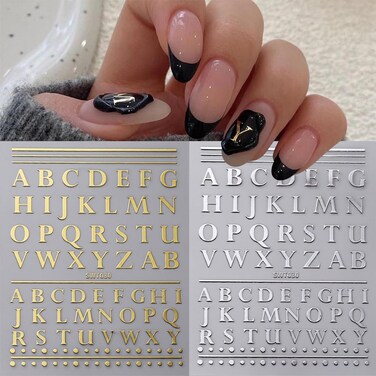 6 Sheets Letter Nail Art Stickers Decals A-Z Alphabet Nail Sticker 3D Self-Adhesive Gold and Silver Designs English Letter Nail Decals Supplies for Women Girls DIY Manicure Decorations