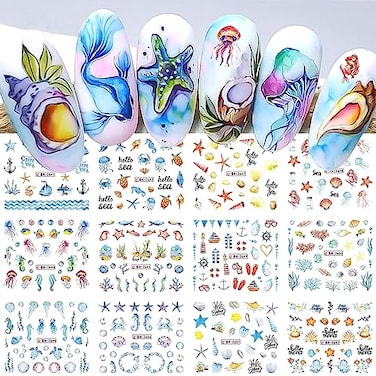 12 Sheets Summer Nail Art Stickers Decals Ocean World Water Transfer Nail Decals Seahorse Mermaid Conch Jellyfish Designs Nail Sticker Supplies DIY Manicure Cartoon Decorations for Women Girls