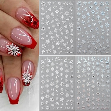 4 Sheets Snowflake Nail Art Stickers Decals Christmas Nail Stickers Decals 3D Self-Adhesive White Laser Silver Snowflake with Rhinestones Stickers for Nails Art Winter Xmas Nail Supplies for Women