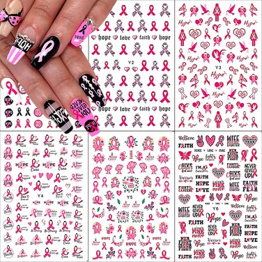 6Sheets Breast Cancer Nail Art Stickers Decals Pink Ribbon Breast Cancer Awareness Heart Designs Nail Sticker 3D Self-Adhesive Letter Nail Art Supplies for Women Girls DIY Manicure Decorations