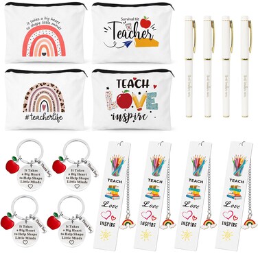 UAREHIBY 16 PCS Teacher Gifts in Bulk,Thank You Teacher Gifts With Makeup Bags,Teacher Appreciation Week Keychain,Bookmark Gifts for Teachers,Best Teacher Ever Pen Gifts,Christmas Gifts