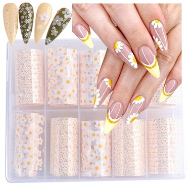 10 Rolls Mix Size White Sun Flower Transfer Foils Nail Art Supplies Set Mini Flower Nails Decals Stickers for Art Designer Spring Summer Floral Theme Nail Foil Transfer Sheets