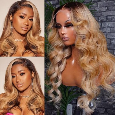 Honey Blonde Lace Front Wigs Human Hair Wig, Dark Roots Blonde Wig Human Hair 13x6 Body Wave Lace Front Wigs Human Hair, 20 Inch Glueless Wigs Human Hair Pre Plucked HD Lace Fontal Wig 180% Density