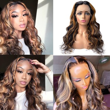 Human Hair Wig, 13x1x6 Lace Front Human Hair Wig Pre Plucked Hairline with Baby Hair Body Wavy Human Hair Wig 150 Density Ombre Brown Balayage Caramel Blonde Highlights Human Hair Wig for Women