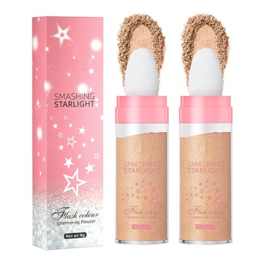 Body Glitter-Highlighter Makeup Stick with Sponge Head,2 Pcs Shimmer and Shine High Gloss Blush Contour Powder Makeup,Fairy Dust Glitter for Face Body Hair Cosmetic Brown