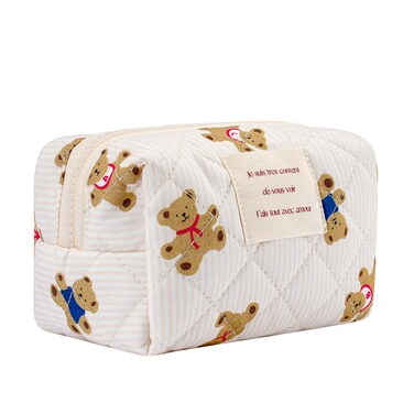 uekeboag Cute Small Quilted Cotton Makeup Pouch for Women and girls,Coquette Quilted Toiletry Bag,Animal Coquette Mini Bag, Kawaii Travel Cosmetic Bags(01Little Bear)