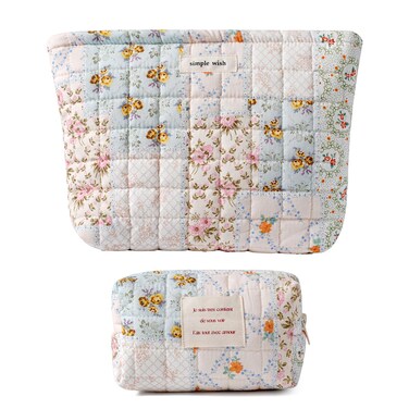 uekeboag 2Pcs Cute Quilted Cotton Makeup Bag, Coquette Quilted Aesthetic Cosmetic Zipper Pouch for Women and Girls,Kawaii Travel Toiletry Bag(01Pink Flower)