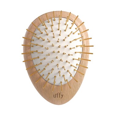 Uffy Acubrusher &ndash; 24K Gold-Plated Gua Sha Hair Brush - Ergonomic Scalp Massager for Dandruff &amp; Hair Growth, Suitable for All Hair Types - Ideal Gift Choice in Beech Wood