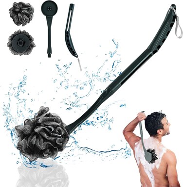 Loofah with Handle, 20.5'' Replaceable Shower Loofah to Improve Skin Health, Body Scrubber, for Women and Men with String for Easy Hanging（Dark Black）