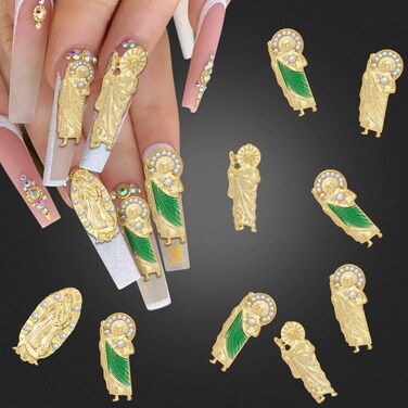 San Judas Nail Charm Decoration, UHOMENY 9PCS San Judas 3D Nail Art Rhinestones Charms for Acrylic Nails 3D Nail Charms with San Judas Shape Nail Stones for Women DIY Nails Decoration Accessories Mix