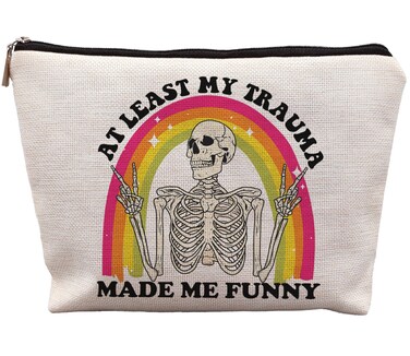Funny Mental Health Makeup Bag, Mental Health Gifts, at Least My Trauma Made Me Funny Sarcastic Skeleton Meme Cosmetic Bag, Psychology Gifts, Funny Gifts for Women Adult Humor